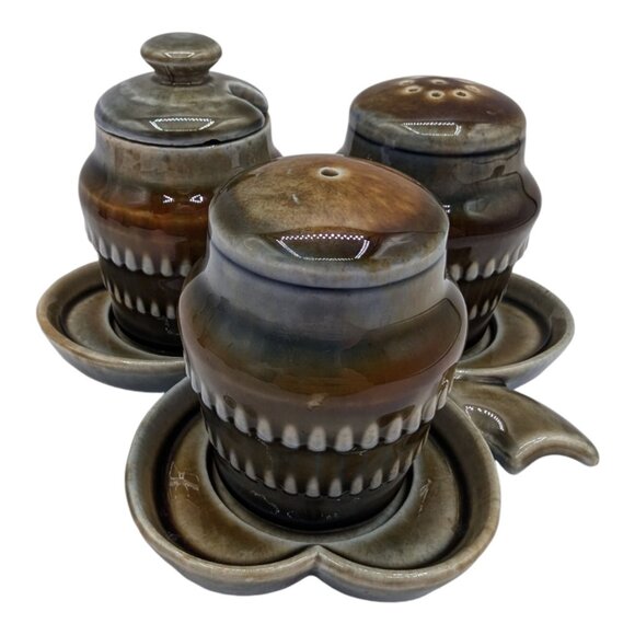 Vintage Wade Irish Porcelain Shamrock Salt & Pepper Shaker Set With Mustard Pot - Picture 12 of 14